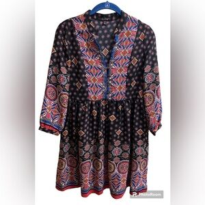 BeBop Bohemian Peasant Tunic Top Small-Antique Look Buttons Blue,White,Yellow